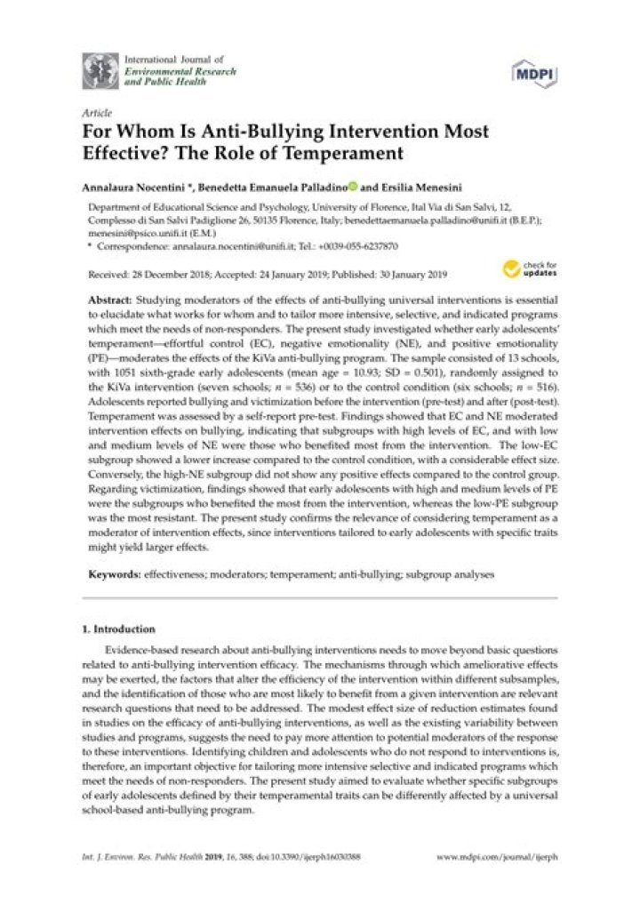 For whom is anti bullying intervention most effective the role of temperament?