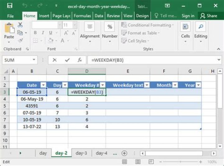 How do I convert a date to a weekday in Excel?