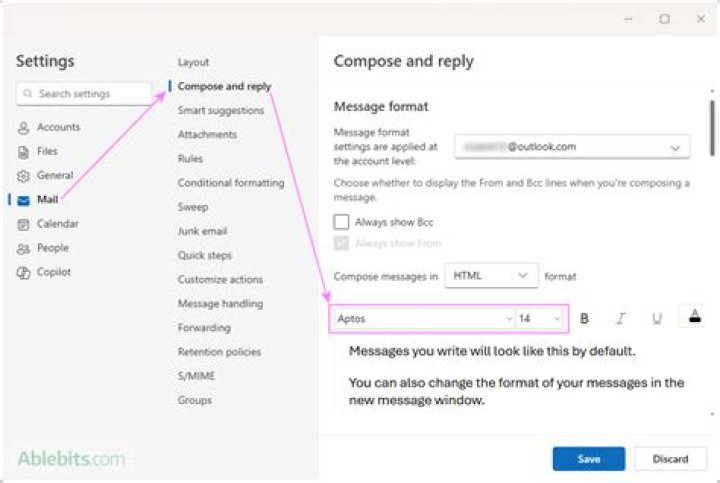 How do I increase the text size in my emails?