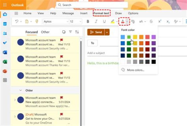 How do I turn on page color in Outlook?