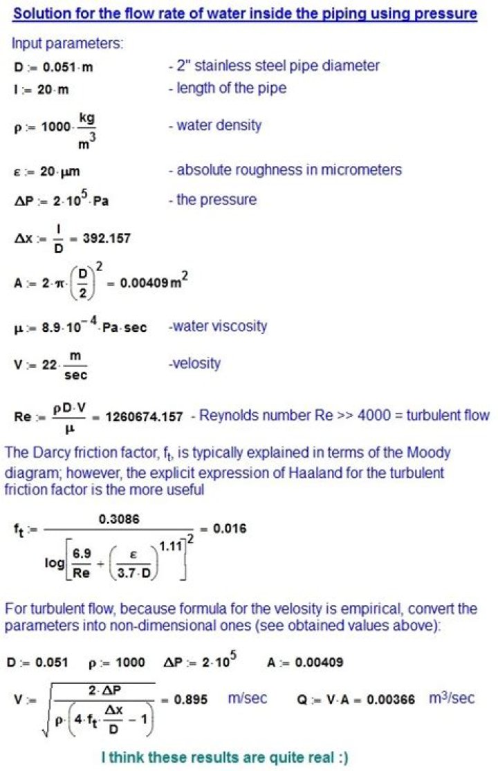 How do you calculate water flow in a pipe?