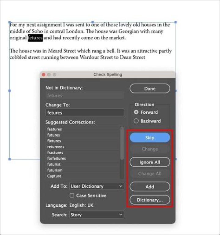 How do you correct spelling in InDesign?
