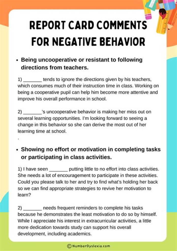 How do you write a teacher comment on a report card?