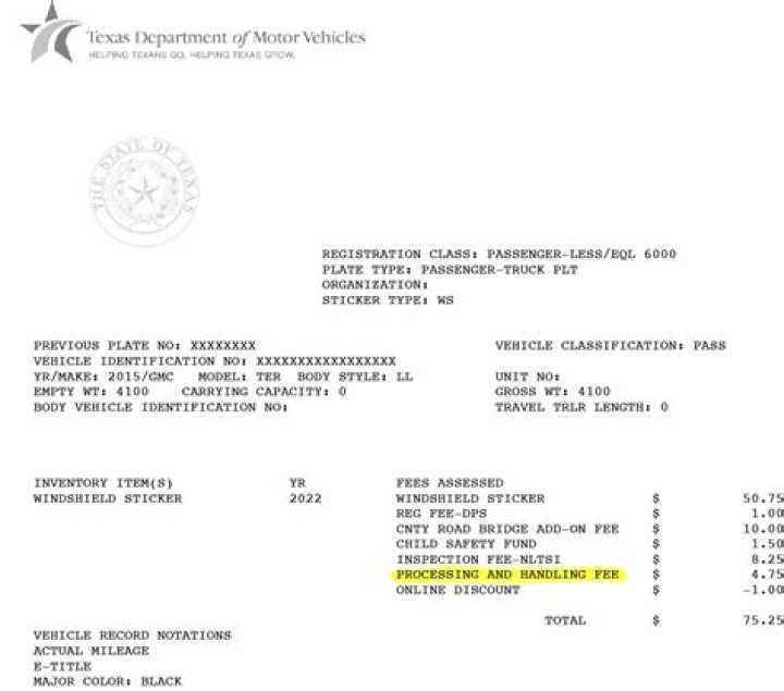 How much does vehicle registration cost in Texas?