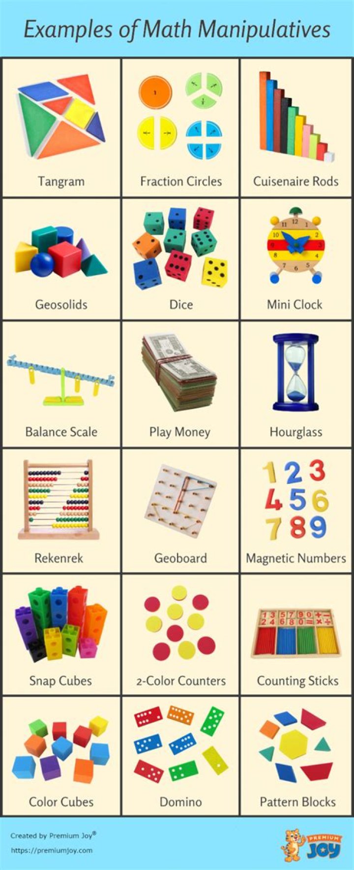 What are examples of manipulatives for math?