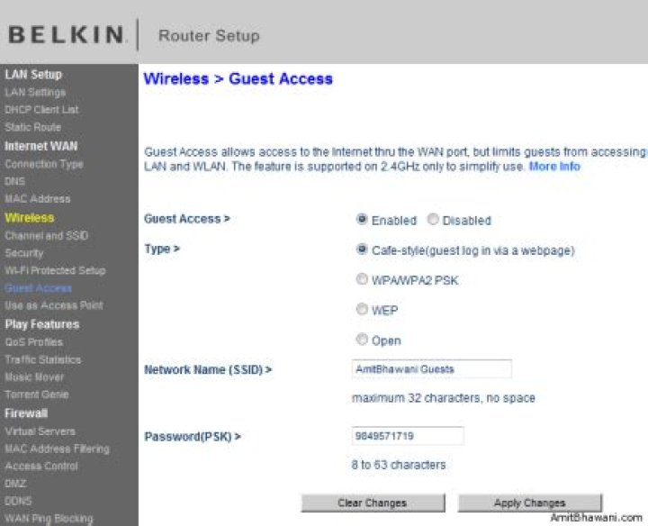 What is the default password for Belkin guest access?